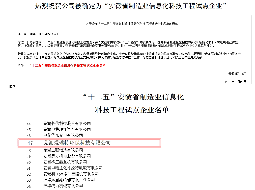 熱烈祝賀公司被確定為“安徽省制造業信息化科技工程試